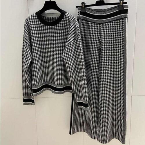 New Autumn Winter Elegant Stretch Knitted Houndstooth Sweater Top + High Waist Wide Leg Pants 2 Piece Suit Tracksuit Womens Set