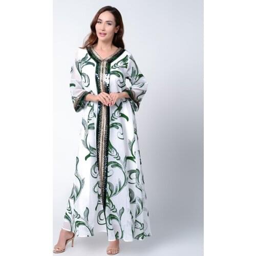 Muslim Clothes Sequins Embroidered Abaya Dress for Women V Neck Long Sleeve Arabic Turkey Moroccan Long Dresses 2021 Summer