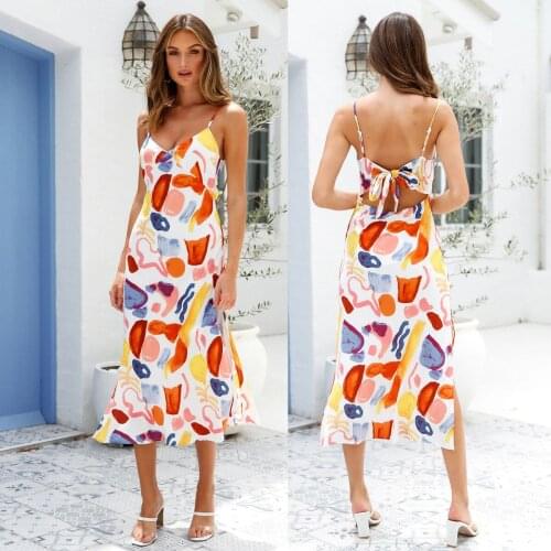 2021 Bohemian Graffiti Print Midi Dress Women Summer Elegant Spaghetti Strap Backless Bow Robe Hollow Out Holiday Beach Dresses