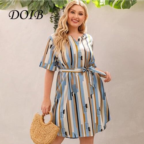 DOIB Women Striped Dress Digital Print Irregular Hem Sashes Casual Plus Size Dress 2021 Fashion Female Dress