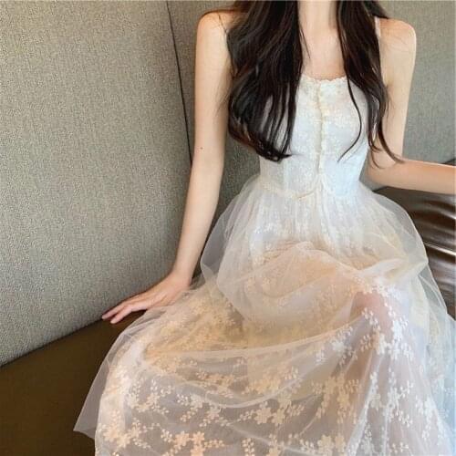 Korean Style Sleeveless Vintage Midi Dresses Women Casual Floral Design Elegant Strap Dress Office Ladies Evening 2021 Summer