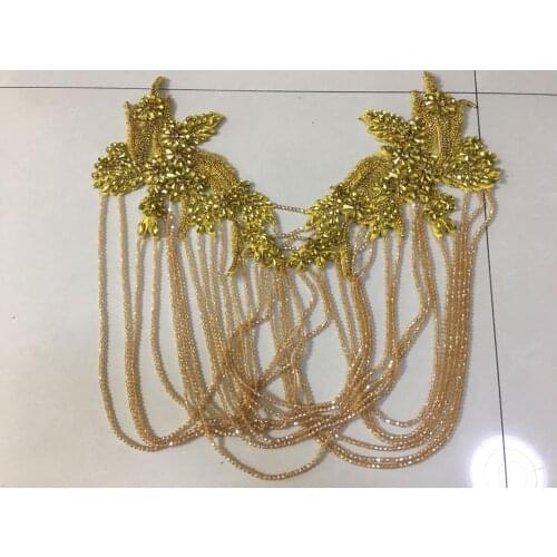 Gold pink beaded decoration trim handmade pearls crystal rhinestone patch wedding dress applique accessories