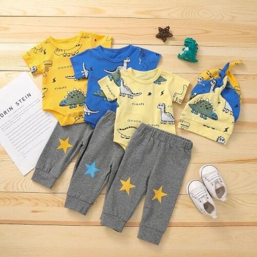 Newborn Baby Boy Girl Short Sleeve Cartoon Dinosaur Print Cotton Bodysuit Tops Long Pant Hat 3PCS Baby Clothing Set