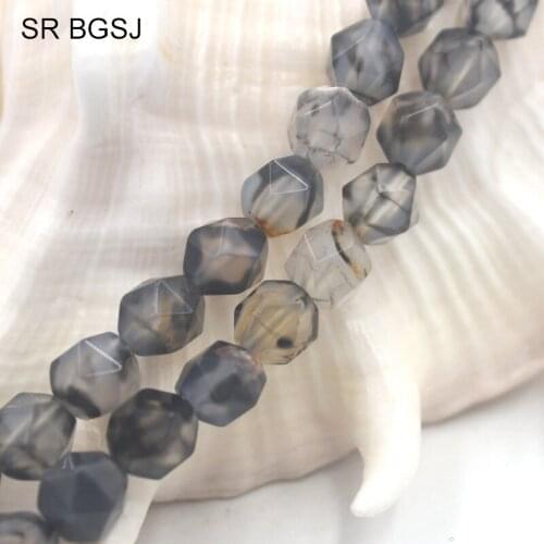 Free Shipping SR 8mm Faceted Round Polygonal Faceted Black Fire Agate Gemstone Natural Stone Findings Loose Beads Strand 15"