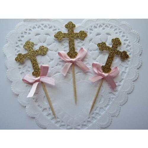 Glitter Gold and Pink Cross Baptism Communion Cupcake Toppers birthday bachelorette wedding baby bridal shower toothpicks