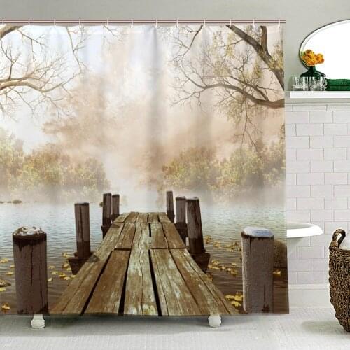 Home Art Paintings Fall Wooden Bridge Seasons Lake Bath Curtain Waterproof Polyester Fabric Washable Bathroom Shower Curtain