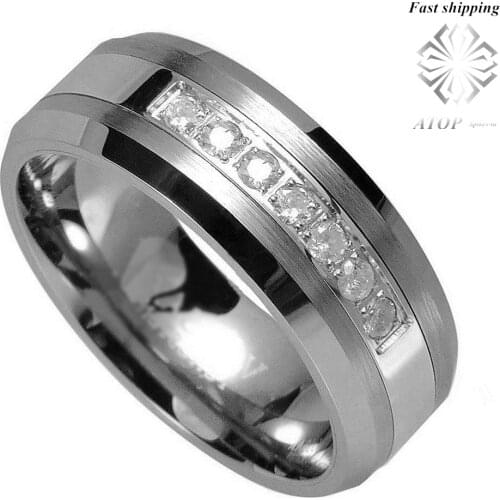 Tungsten Ring 7 CZ Center Brushed & Polish Men Women Wedding Band jewelry Free Shipping