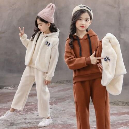 Girls Autumn Winter Clothing Set 3 Pcs Kids Furry Thickened Clothes Childrens Velvet Vest Coat + Hooded Sweatshirt + Pants B351