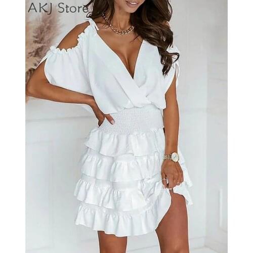 Summer Cold Shoulder Tied Detail Shirred Layered Dress