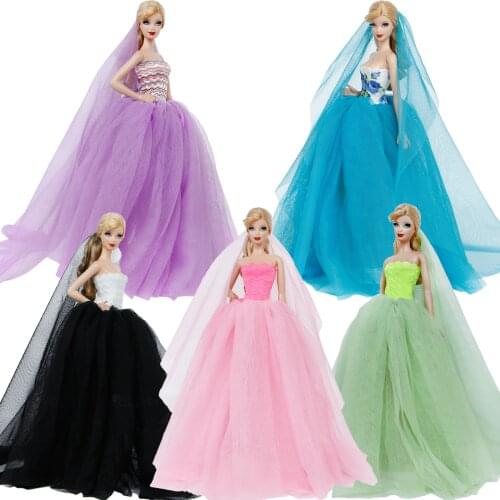 Fashion Lace Wedding Dress + Veil Long Tail Evening Party Lace Ball Gown Bubble Skirt Accessories Clothes For Barbie Doll Dress