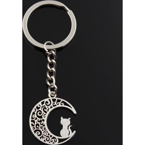 Fashion Keychain 30x25mm moon cat silver color pendants DIY Men Jewelry Car Key Chain Ring Holder Souvenir For Gift