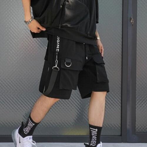 Men punk rock hip hop shorts ribbons hiphop cargo shorts mens black casual street wear elastic short pants with many pockets
