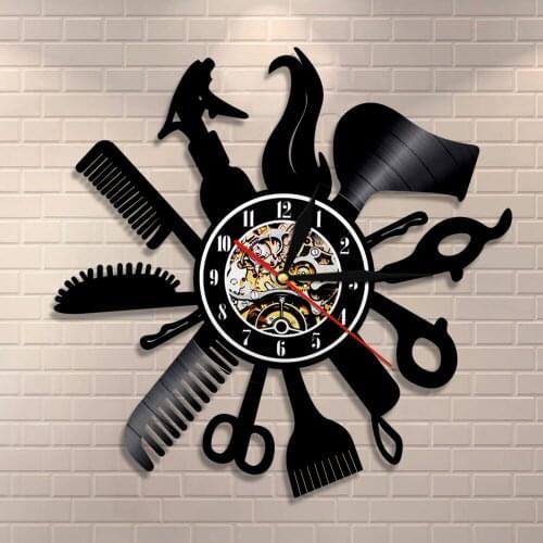 Barber Shop Vinyl Record Wall Sign Vintage Wall Decor Clock Hairdresser Tools Design Wall Clock Hairstyle Salon Barber Shop Gift