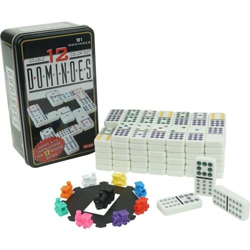 Double Twelve Mexican Train Dominoes Board Game 91Pcs White Blocks Color Dots Tin Case Education Wholesale