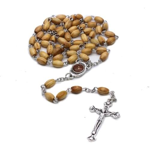 New Jesus Pendant Rosary Cross Necklace for Men Boy Wood Beaded Chain Link Virgin Mary Necklaces Religious Jewelry