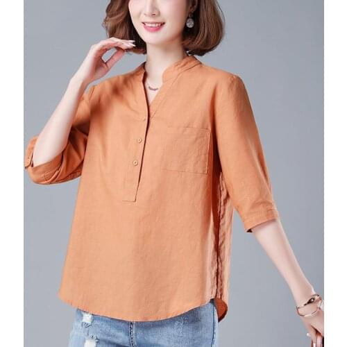 Solid Cotton Linen Women Shirts Autumn New 2021 V-Neck Loose Vintage Casual All Match Female Outwear Tops