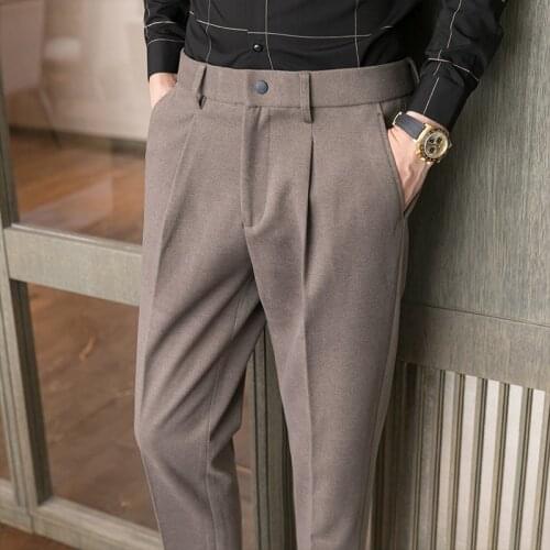 Autum Winter Woolen Suit Pant for Men Business Dress Pants Solid Color Office Social Pants Casual Slim Fit Wedding Male Clothing