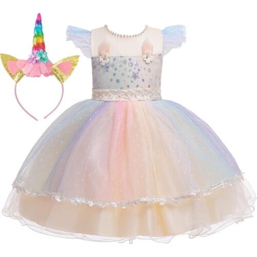 Unicorn dress Halloween Girls Beading Tutu Dresses Pastel Rainbow Princess Birthday Party Dress Kids Dresses For Girls 1 -5 Year