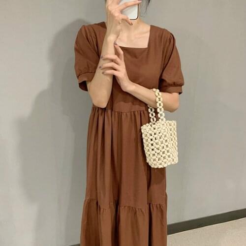 Snordic Women Summer Vintage Cotton Linen Brown Loose Long Dress Cascading Ruffles Square Collar Midi Dresses