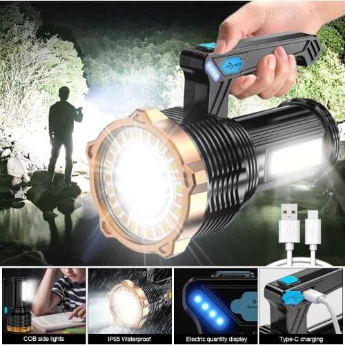 200W Led Spotlight High Power Floodlight Searchlight 3 in 1 With Side Light Power Display 8 Lighting Modes Portable Flashlight