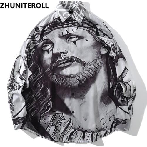 2021 Summer Shirts Hip Hop Vintage Painting Print Long Sleeve Shirt Coats Streetwear Harajuku Loose Button Blouse Fashion Tops