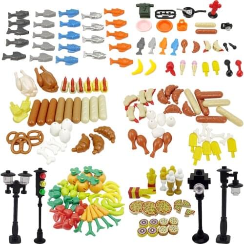 Assemble City Toys For Children Foods Sets Grilled Sausage Small Fish Street Lamp Educational Cities Compatible Buildings Blocks