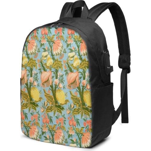 School Bag for Boy and Girl Vintage Blue Floral Backpack with USB Charging Funny Daypack For Teenager Student