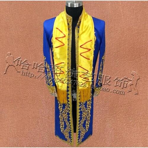 Blue Men Suits Designs Embroidery Flower Clothes Stage Costumes For Singers Men Long Blazer Dance Jacket Star Style Dress Punk