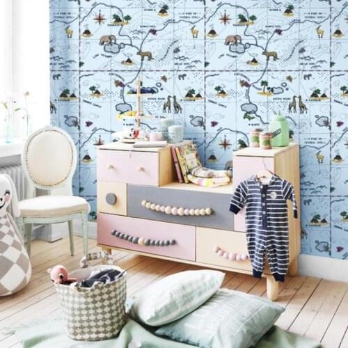 Modern blue non-woven cartoon animal world map childrens room wallpaper boy bedroom girl home decoration kindergarten 10 meters