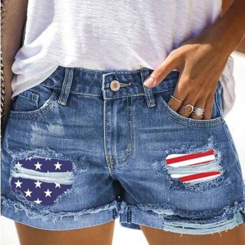 Independence Day Flag Denim Ripped Shorts Women Elegant High Waist Slim Denim Shorts Spring Summer Pockets Tassel Street Shorts