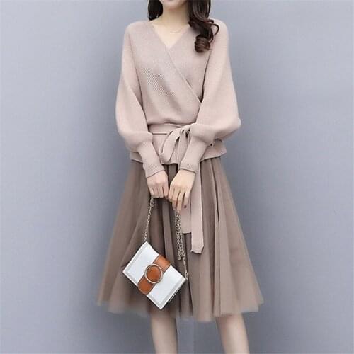 Women High Quality Knitwear Clothing Sets Long Sleeve Solid Color Pullover Sweater Tops+Elastic Waist Lace Patchwork Knit Skirt