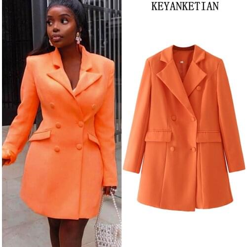 KEYANKETIAN ZA Ladies elegant double-breasted orange blazer dress female jacket lady long-sleeved chic blazer