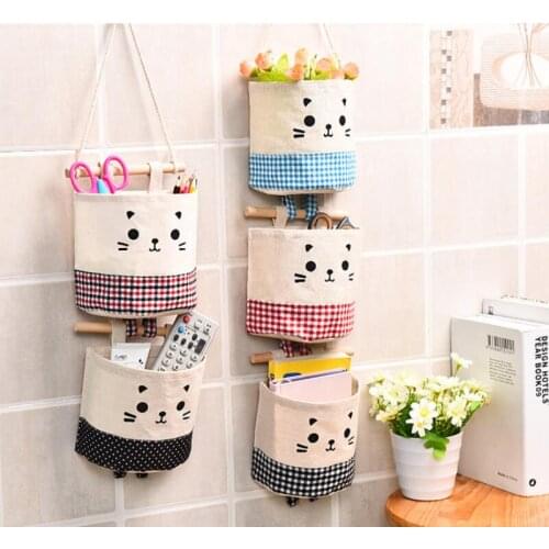 1PC Wall Hanging Storage Bags Cartoon Cat Organizer Pocket Wardrobe Hanging Bag For Cosmetics Containers Cotton Linen