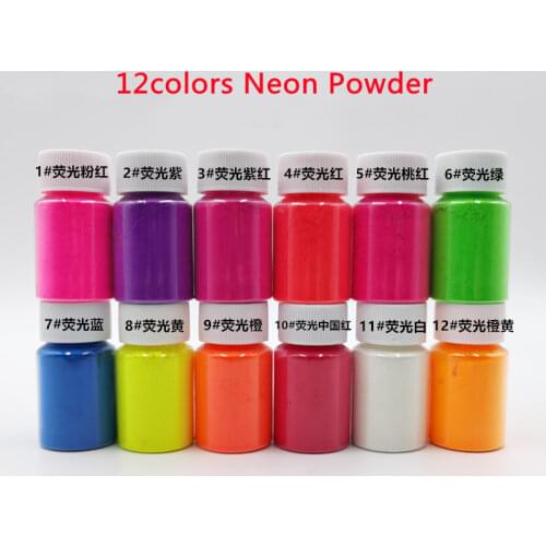 12 colors,10g Each Color Fluorescent Powder Pigment for Paint Cosmetic Lipstick Soap Neon powder Nail Art Polish 120g