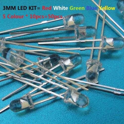 5 Colour * 10pcs=50pcs 3MM Transparent Cove LED F3 Red White Green Blue Yellow Assorted kit set pack Assortment DIY