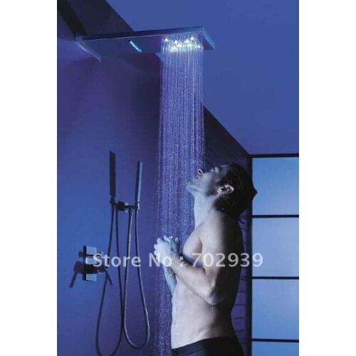 Free shipping brass square walled mounted waterfall rainfall led shower head