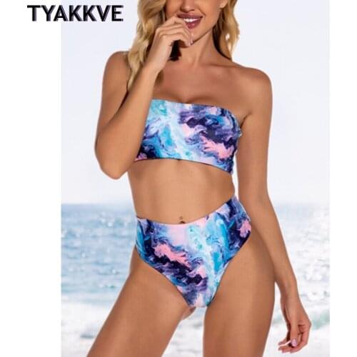 TYAKKVE Tie Dye Bikini High Waist Swimsuit Bandeau Swimwear Women 2020 Lace Up Beachwear Strapless Biquini Sexy Bikini Set