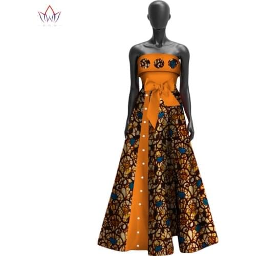 Bintarealwax African Strapless Dress for Women Bazin Plus SizeTraditional African Clothing Dashiki Sexy Africa Clothes WY3017