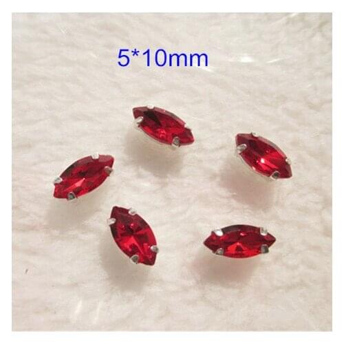 40pcs Navette Sew On Bead,5*10mm Red Glass Sewing on Bead Loose Beads,Flat Back Silver Setting,DIY Jewelry Supplies