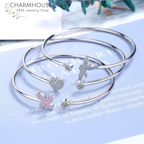 S925 Pure Silver Bracelets & Bangles For Women CZ Zircon Dragonfly/Butterfly/Heart Cuff Bangle Adjustable Wedding Jewelry Gifts