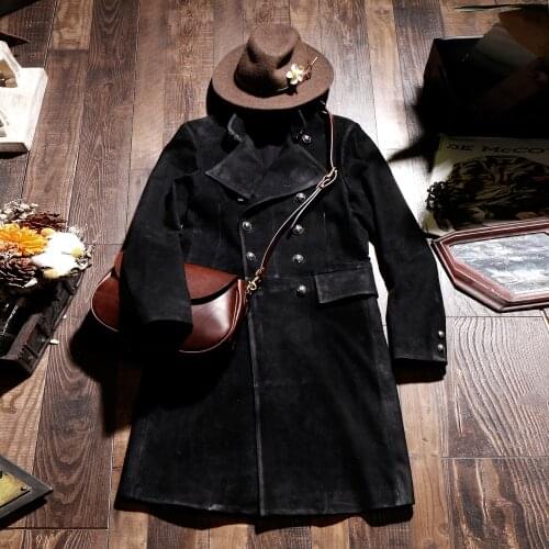 CDLJ1 Read Description! Asian Size Super Quality Excellent Cow Winter Jacket Classic Cowhide Suede Leather Pea Coat