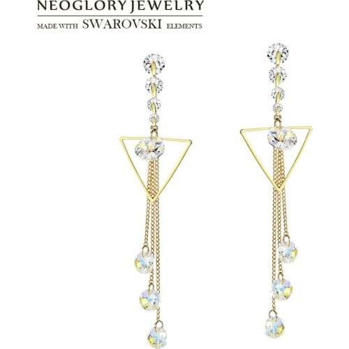 Neoglory Austria Crystal & Zircon Long Drop Earrings Geometric Triangle Style For Women Trendy Dress Holiday Design Gift