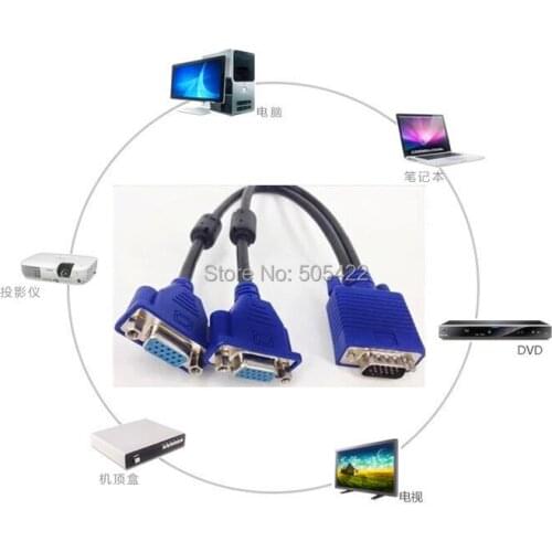 DHL OR FEDEX Shipping VGA 1 Male to 2 VGA Female Adapter Converter Splitter Computer LCD TV Video Cable 200pcs/lot