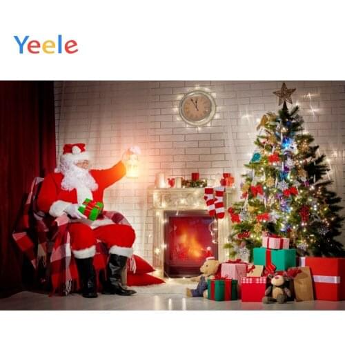 Christmas Tree Santa Claus Fireplace Brick Wall Clock Bear Backdrop Photography Custom Photographic Background For Photo Studio