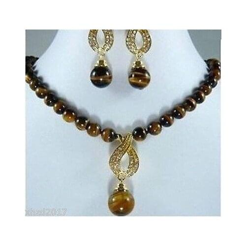 Hot sell new - -hot 10MM tigers eye beads necklace earring set (A0425)