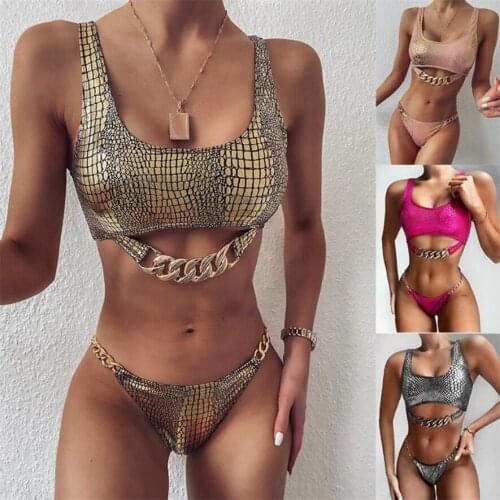 2021 New Sexy Brazilian Bikini Set Women 2pcs Summer Print Metal Chain Swimwear Bikini Sets Swimwear Beachwear