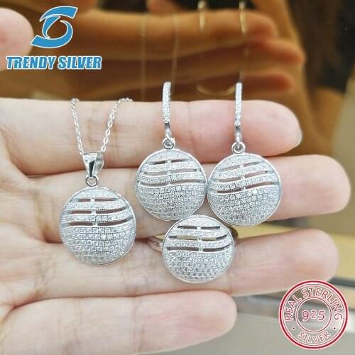 Complete pure 925 sterling silver zirconia clear CZ luxury jewelry set ring earrings for woman pendant necklace trendy design
