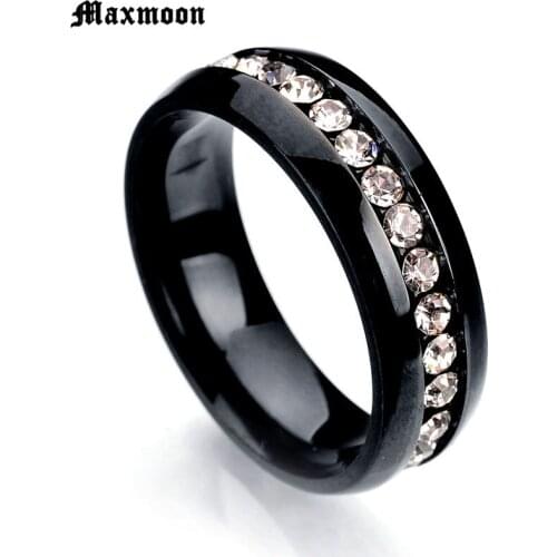 Maxmoon 6mm Oblique Zircon Carving 316L Stainless Steel finger Engagement Wedding rings for women and men
