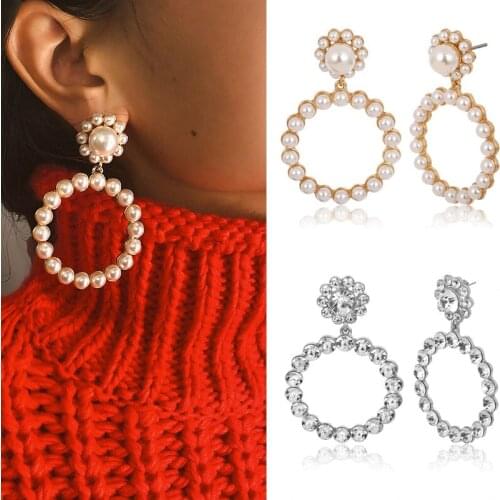 Fashion Trendy Crystal Round Pendant Drop Earrings For Women Girls Pearl Charm Statement Jewelry Wedding Earrings Female 2019