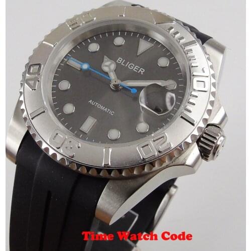 40mm BLIGER Mechanical Automatic movement Mens Watch black dial Rotating bezel Date indicator Sapphire Glass black rubber strap